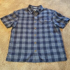 Duluth Untucked Mens Breathin’ Breezy Hemp Organic Cotton S/S Shirt Blue Plaid M